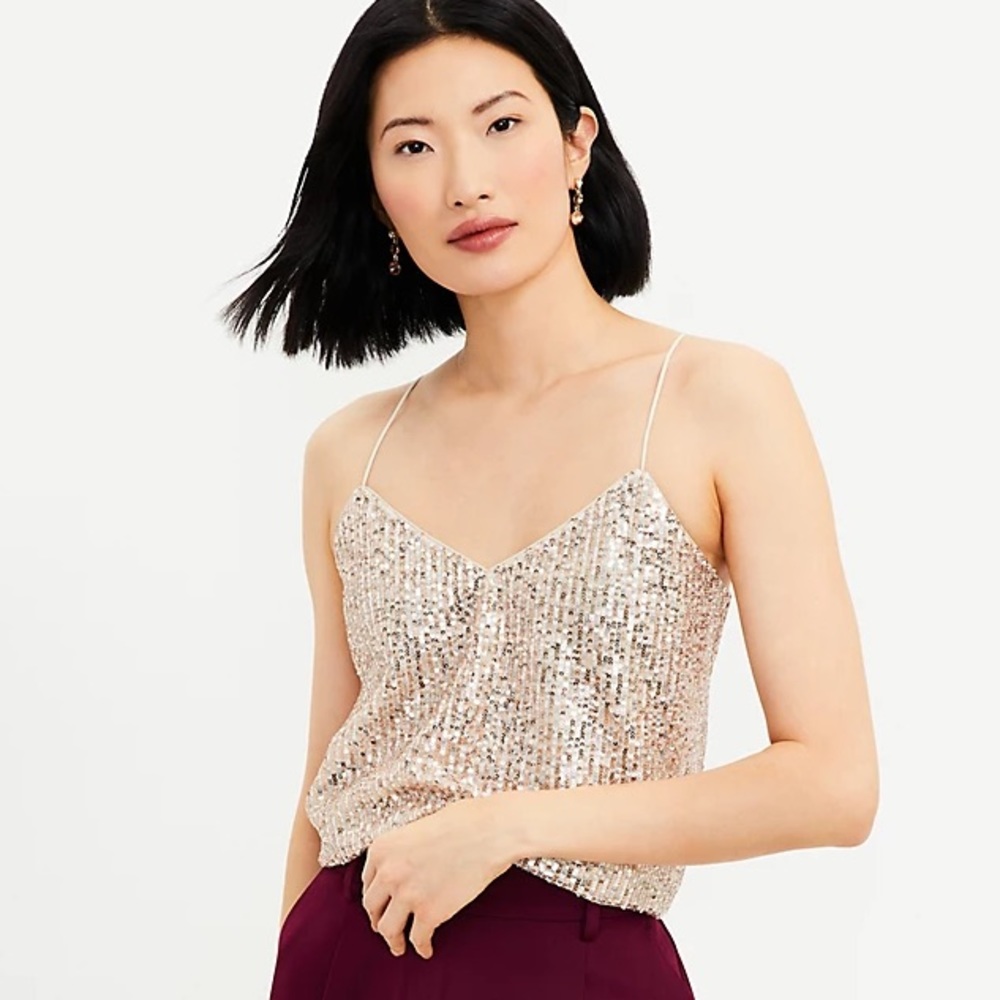 NWT. Ann Taylor LOFT Silver Sequin Baby Pink Camisole Tank Top. XS - Picture 2 of 12
